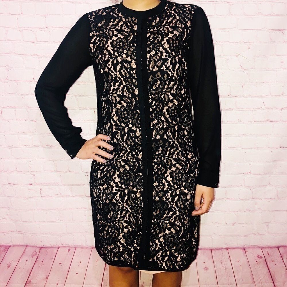 Oasis black lace dress with sheer sleeves